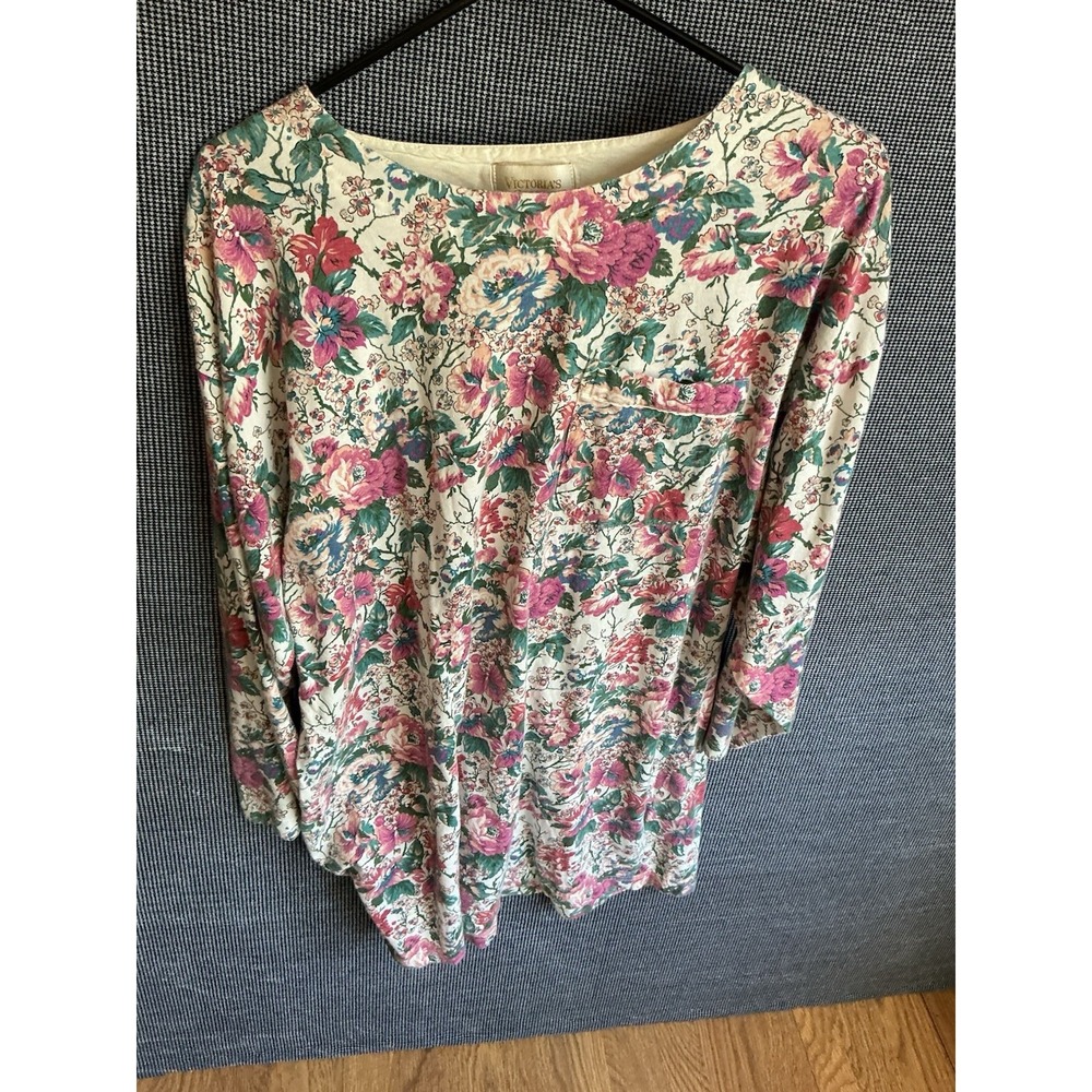 Victorias Secret Gown Womens L Cream Floral Cottage Buttermom 100% Cotton